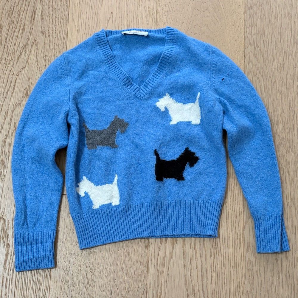 Clear-round Cashmere v-neck kids sweater blue with dog pattern